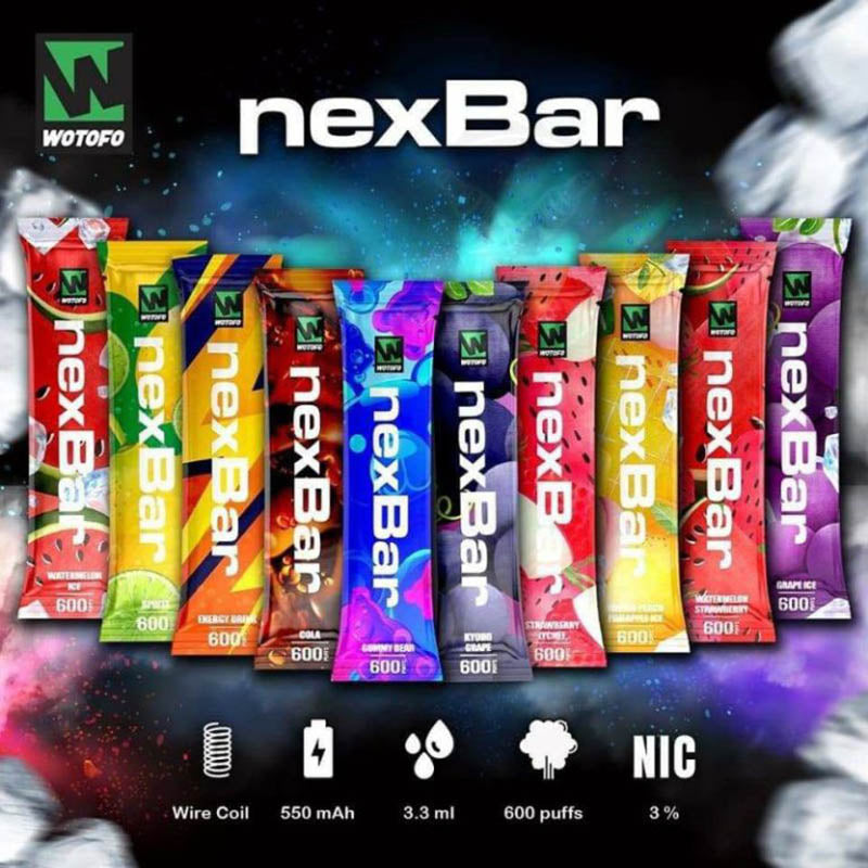 Wotofo nexBAR 7K Protein bar-Shaped Body Gradient Color-Appearance design 7000 Puffs Battery&E-liquid&Charging Indicating Light Disposable vapes from the Wotofo brand have emerged as a new option for smokers. A total of 600 Puffs, 1.8ohm mesh coil, 50/20mg nicotine, 10 flavors to choose