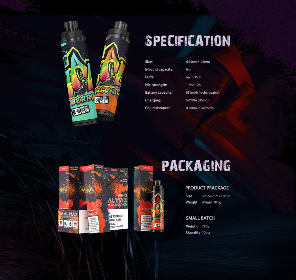 VAAL is a new but pioneering vaping brand, specialized in high-quality disposable vape manufacture, wholesale, OEM and ODM service. Vaal Max Disposable 1.7%. 8mL Pre-Filled Synthetic E-Liquid. 1.7% (17mg) Nicotine Strength. Dual Mesh Coil. Sub-Ohm. Rechargeable. Approximately 3500 Puffs.