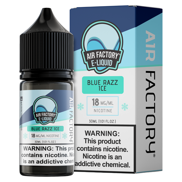Blue Razz Ice by Air Factory Salt combines tangy blue raspberry with icy menthol in a 30ml-sized nicotine salt vape juice blend available in 18mg and 36mg